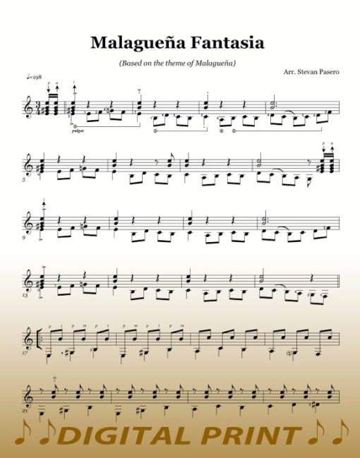 Malaguena sheet music for guitar by Stevan Pasero