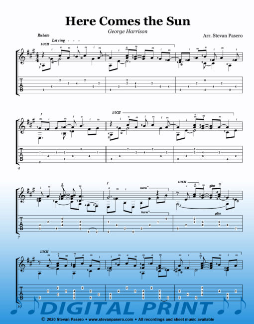 Here Comes the Sun Guitar Sheet Music arr by Stevan Pasero