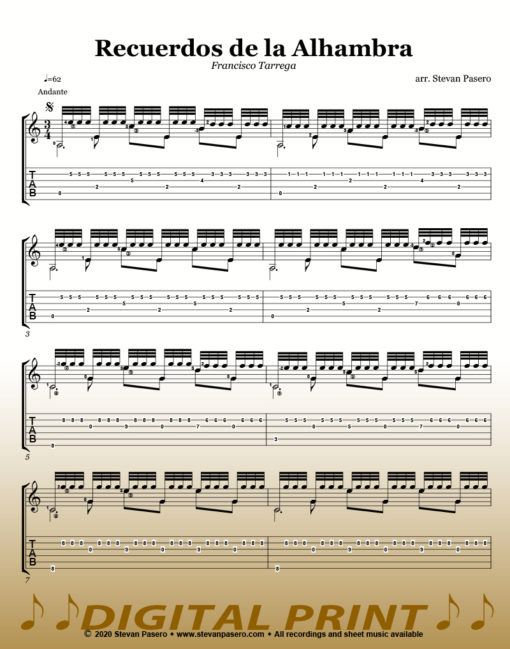 Recuerdos de la Alhambra sheet music arranged by Stevan Pasero