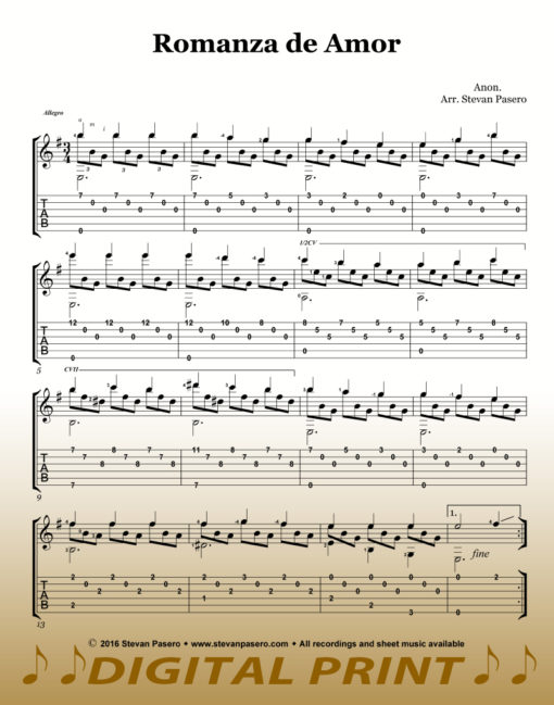 Romanza sheet music for guitar by Stevan Pasero