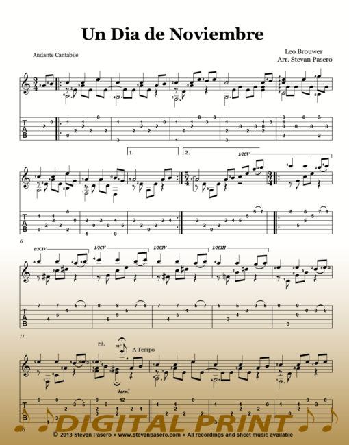 Leo Brouwer Guitar Sheet Music: Un Dia de Noviembre sheet music_arr. by Stevan Pasero